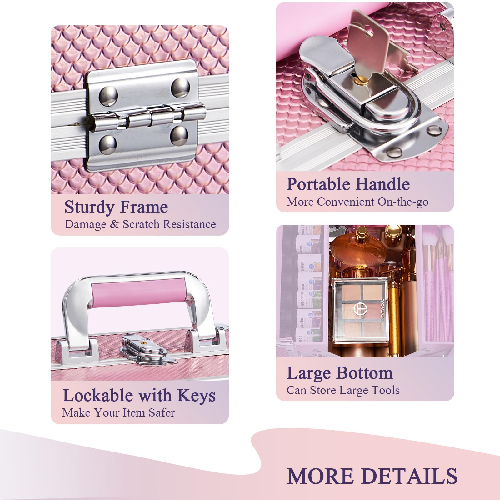 Frenessa Mermaid Pink makeup case non-slip handle for comfortable transport.