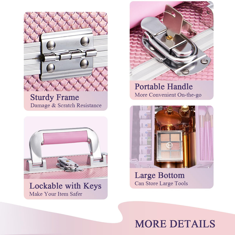 Frenessa Mermaid Pink makeup case non-slip handle for comfortable transport.