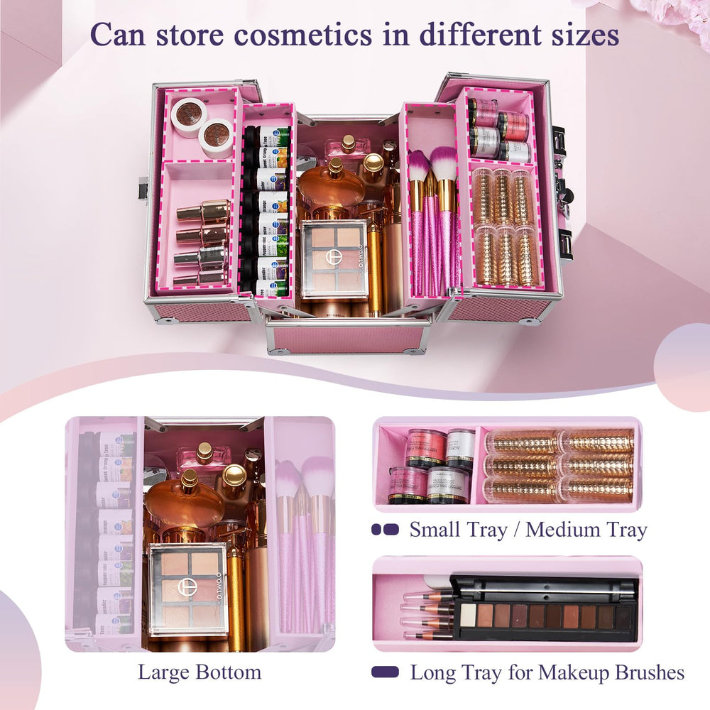 Frenessa Mermaid Pink makeup case four-tier tray structure for organized cosmetics.