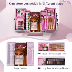 Frenessa Mermaid Pink makeup case four-tier tray structure for organized cosmetics.