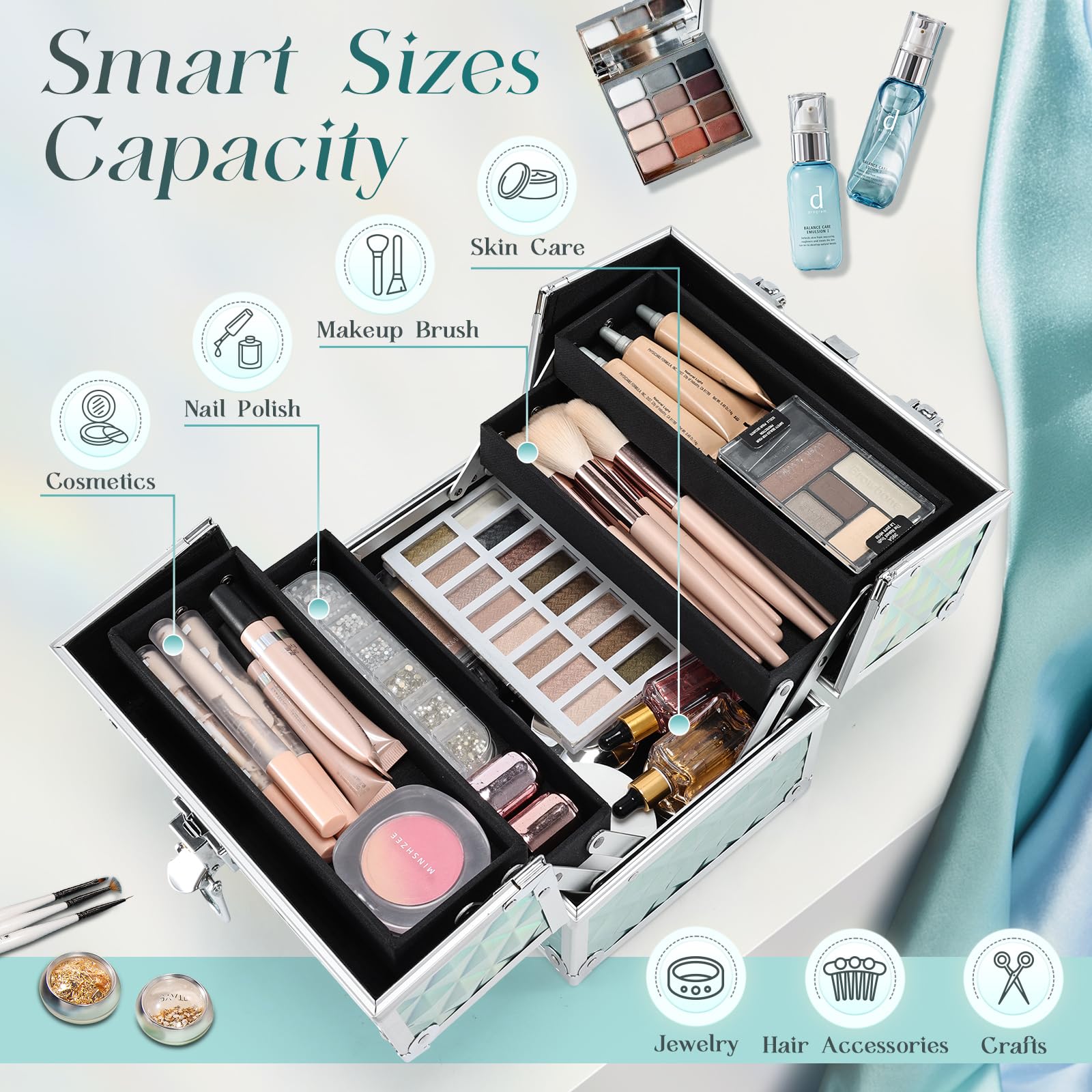 Frenessa Renessa makeup train case shows extendable four-tier tray for flexible organization.