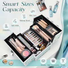 Frenessa Renessa makeup train case shows extendable four-tier tray for flexible organization.