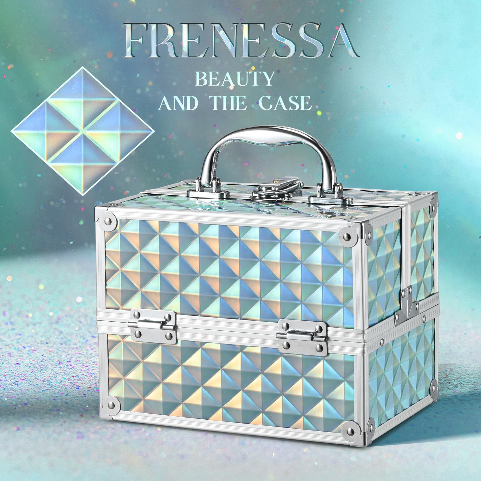 Frenessa Renessa makeup train case with secure lock and sturdy handle for easy transport.
