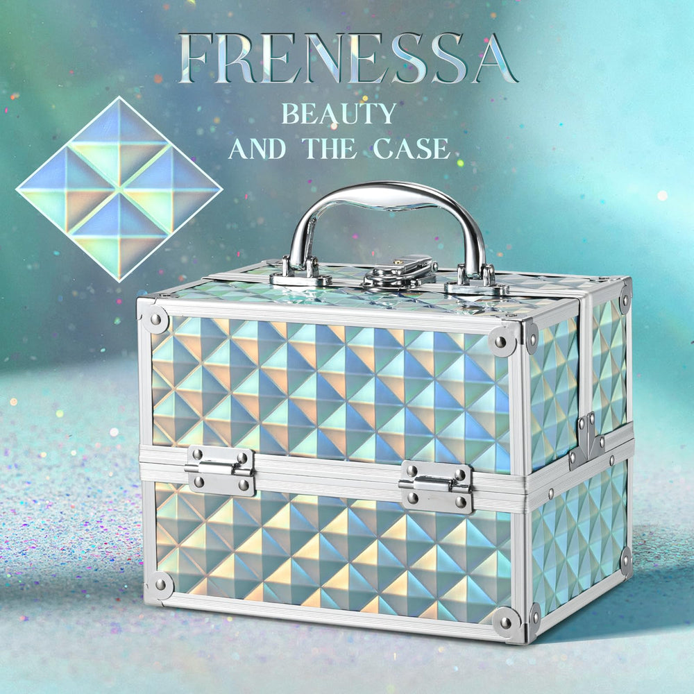 Frenessa Renessa makeup train case with secure lock and sturdy handle for easy transport.
