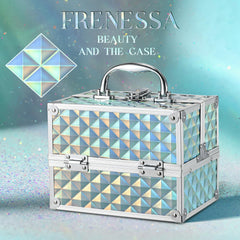 Frenessa Renessa makeup train case with secure lock and sturdy handle for easy transport.