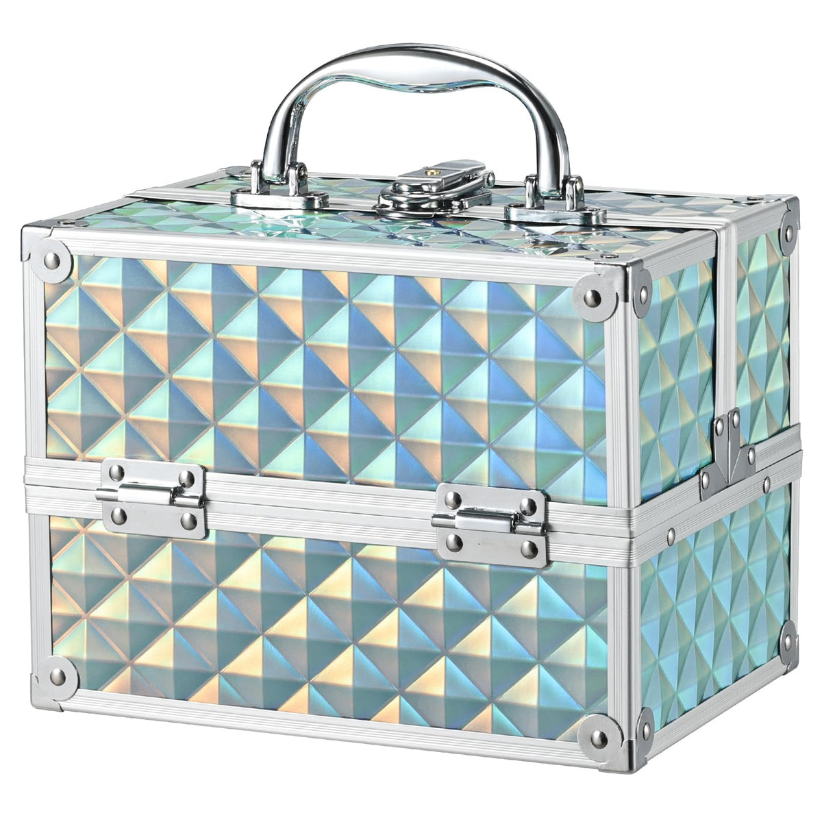 Frenessa Renessa makeup train case front view highlights blue waterproof shell for travel.