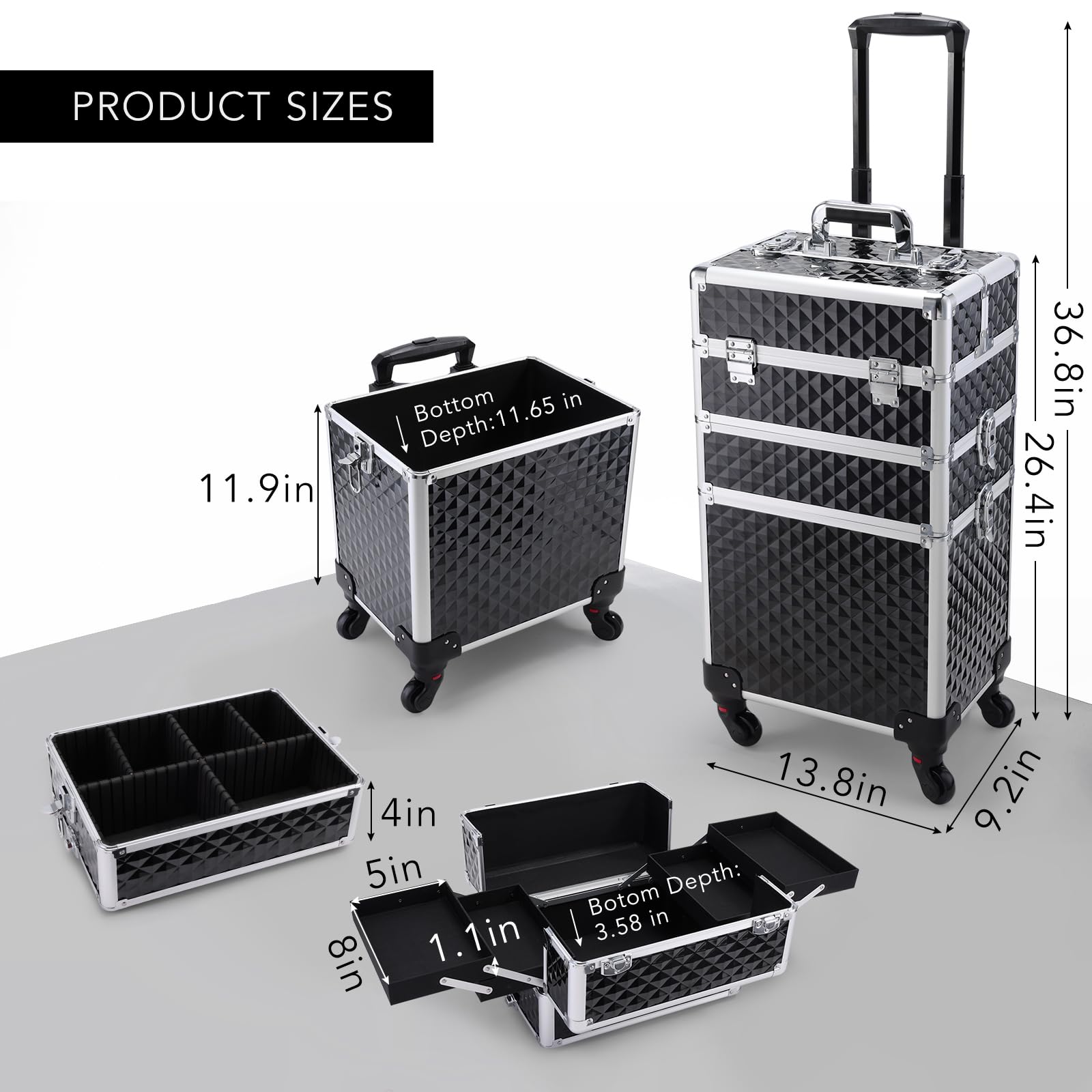 FRENESSA rolling makeup case middle drawers detachable for flexible workflow.