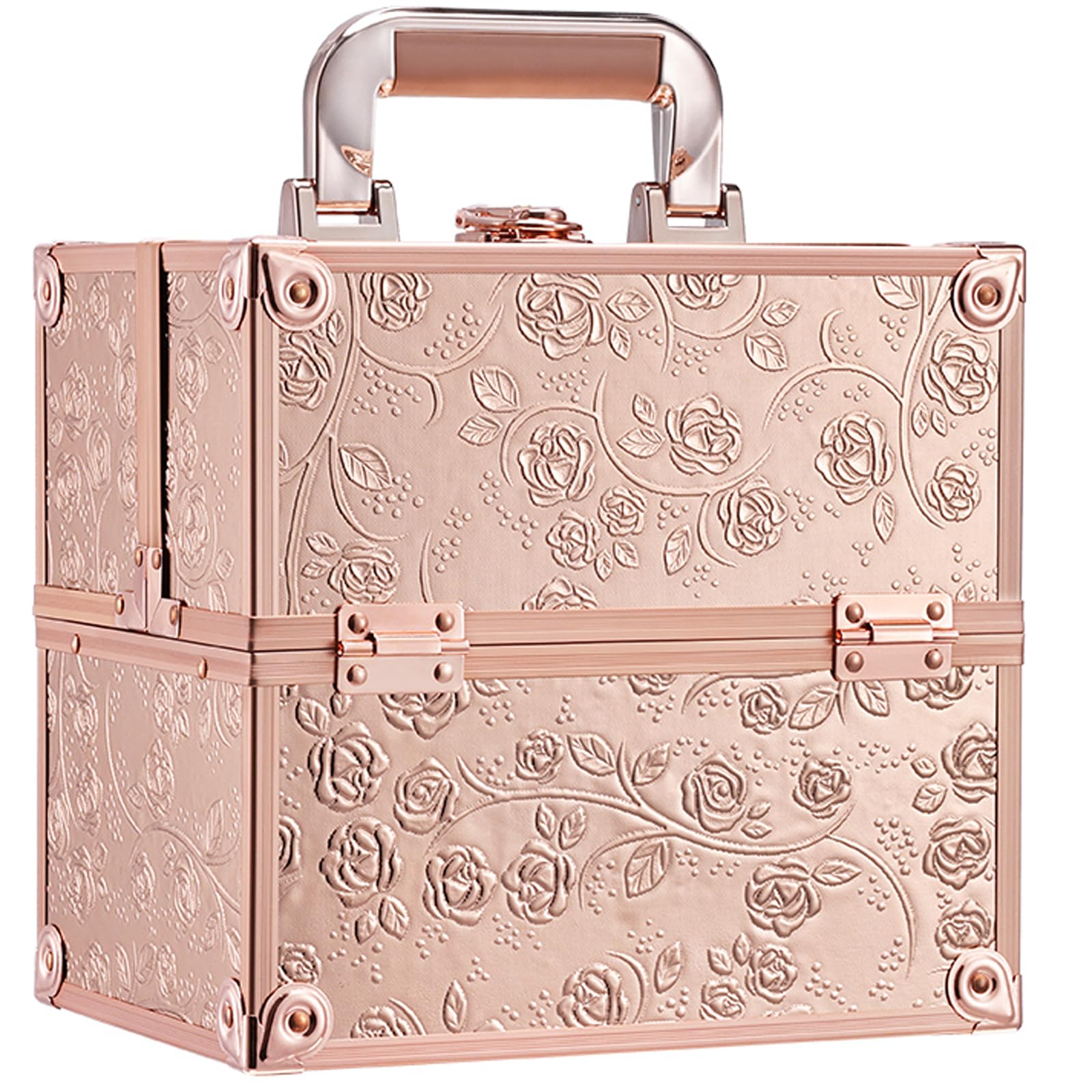 FRENESSA makeup case closed with rose gold floral finish for travel.