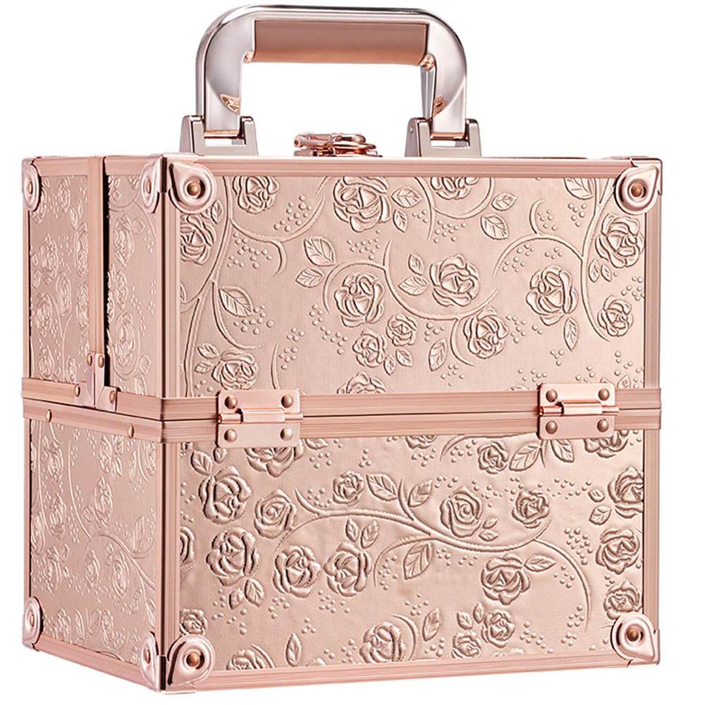 FRENESSA makeup case closed with rose gold floral finish for travel.