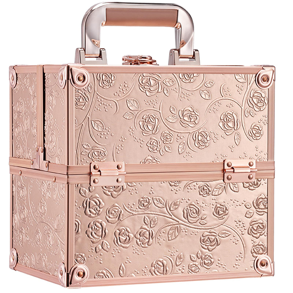 FRENESSA makeup case closed with rose gold floral finish for travel.