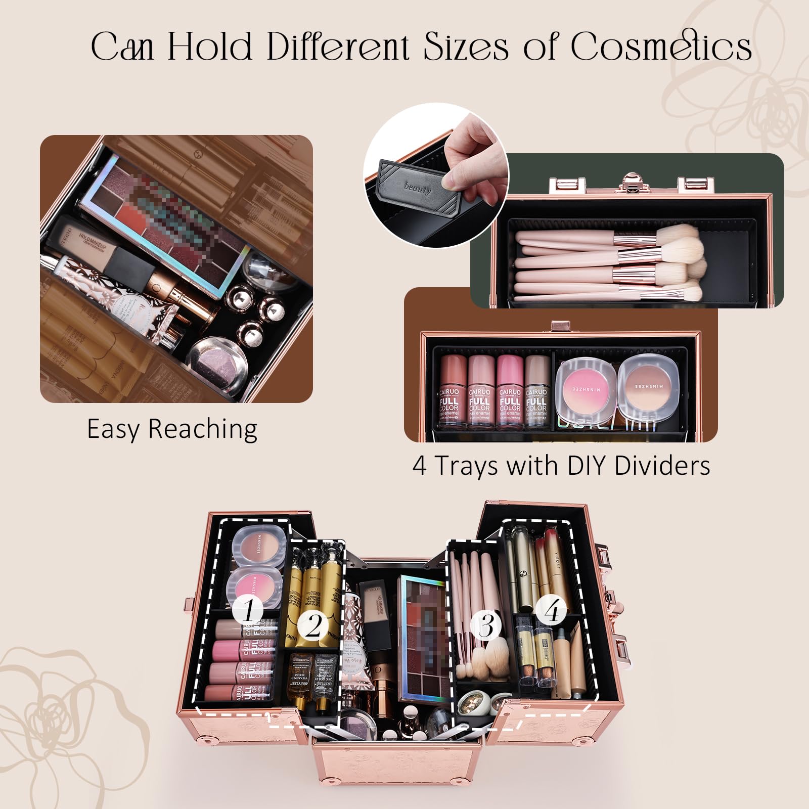 FRENESSA makeup case with extended cantilever trays for easy access.