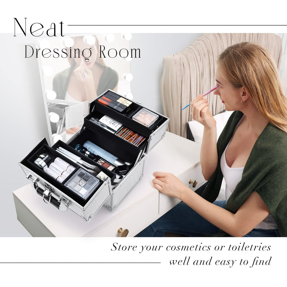 Frenessa spacious train case shown with toiletries and nail polish storage.