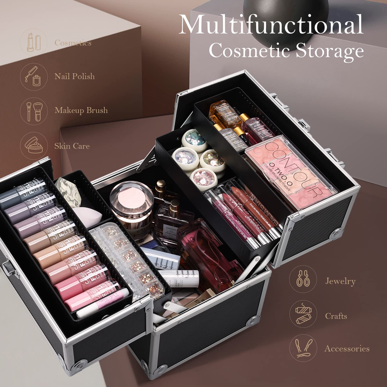 Frenessa train-case inside-trays with adjustable partitions keeping cosmetics organized.