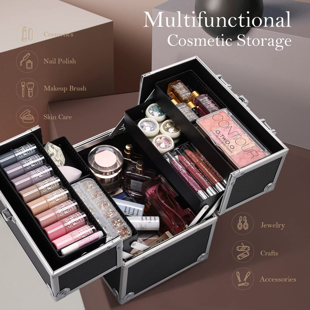 Frenessa train-case inside-trays with adjustable partitions keeping cosmetics organized.