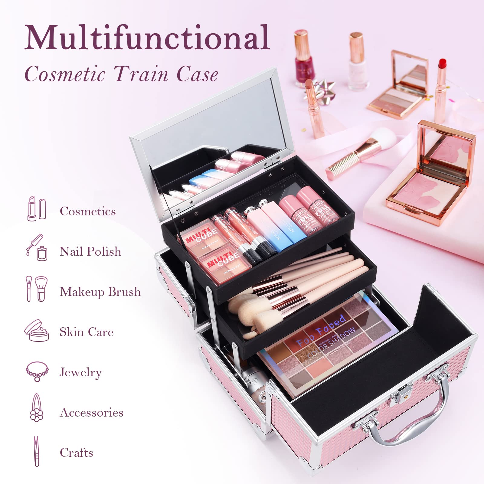Frenessa train case with waterproof glitter pink finish suitable for outdoor use