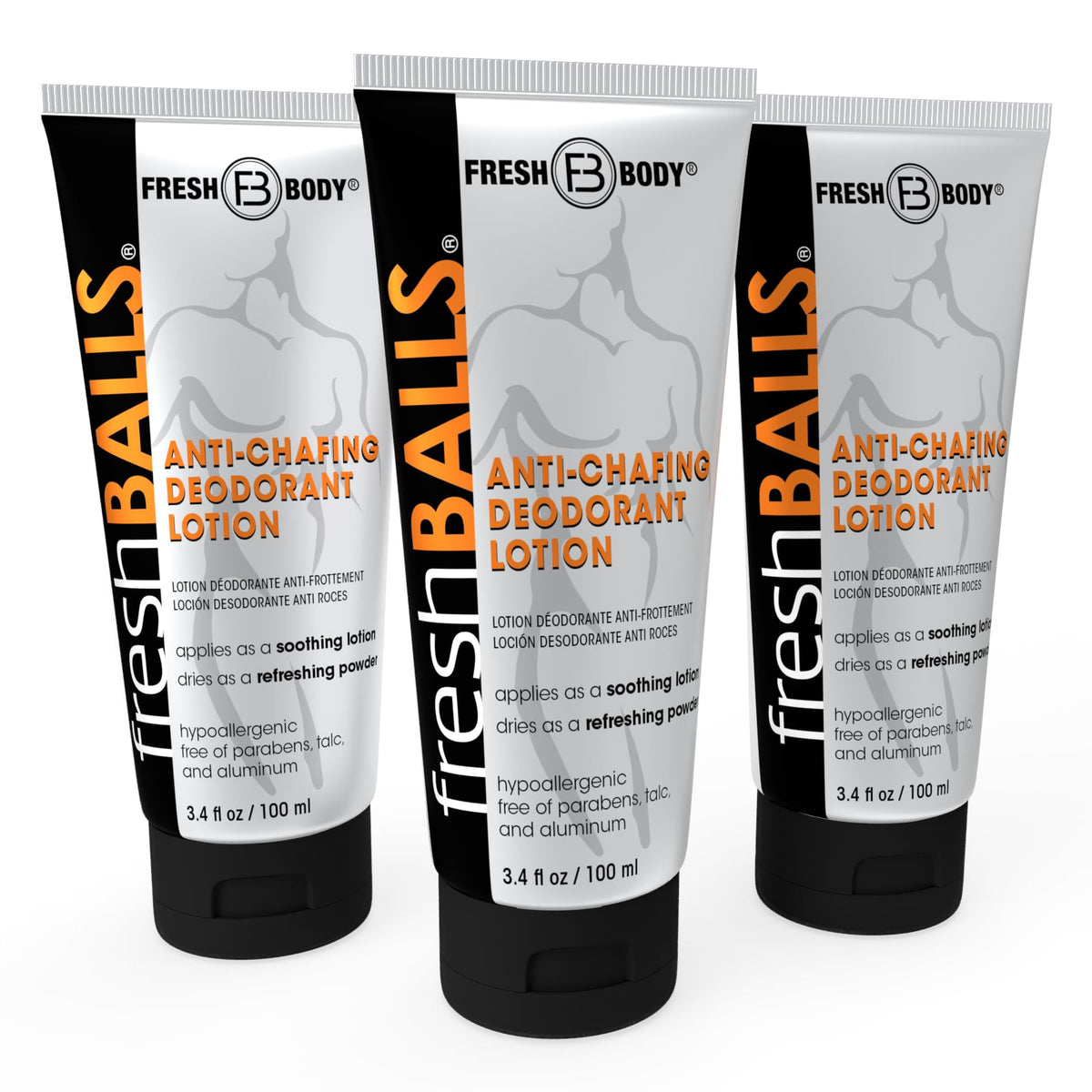 Fresh Balls Lotion tube close-up showing quick-drying, talc-free finish for men