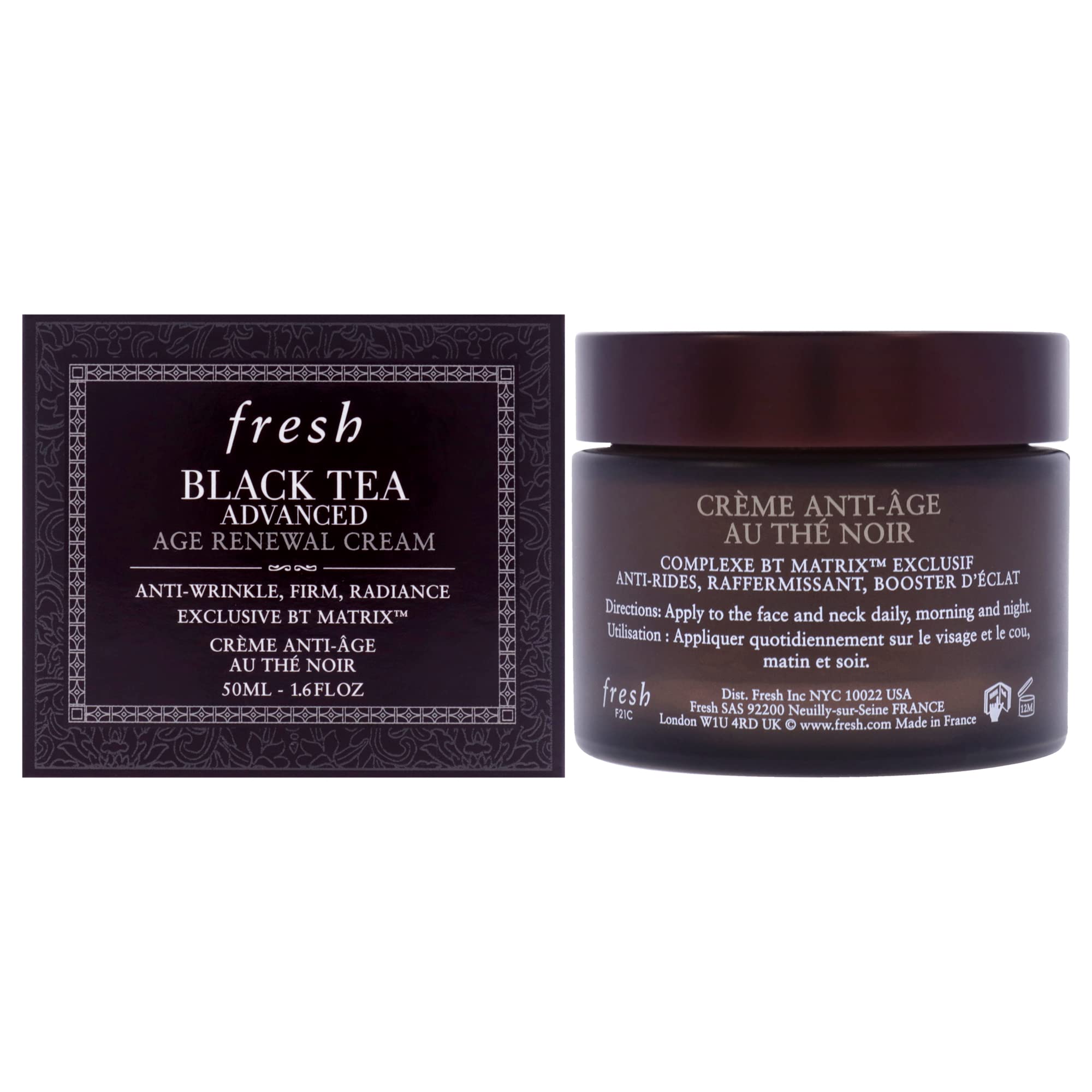 Fresh Black Tea Advanced Age Renewal Cream jar highlights luxurious texture and hydrating feel