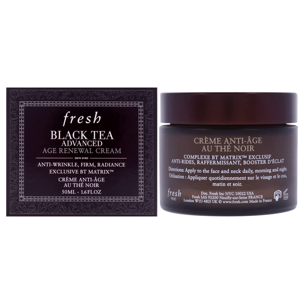 Fresh Black Tea Advanced Age Renewal Cream jar highlights luxurious texture and hydrating feel