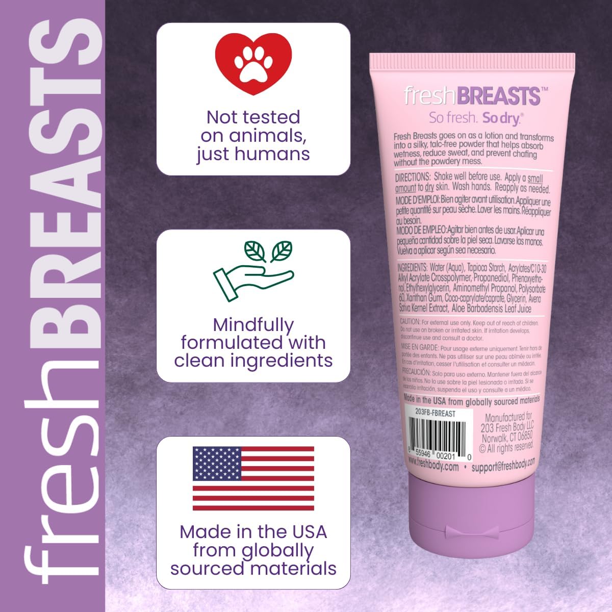 Fresh BREASTS packaging shown with travel-friendly 3.4oz tube.