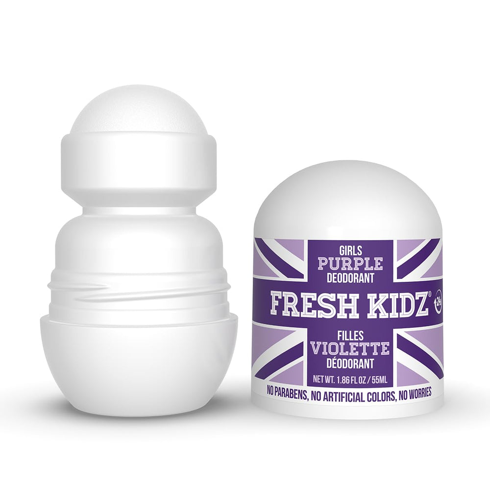 Fresh Kidz Purple roll-on bottle highlights gentle ingredients for sensitive skin.