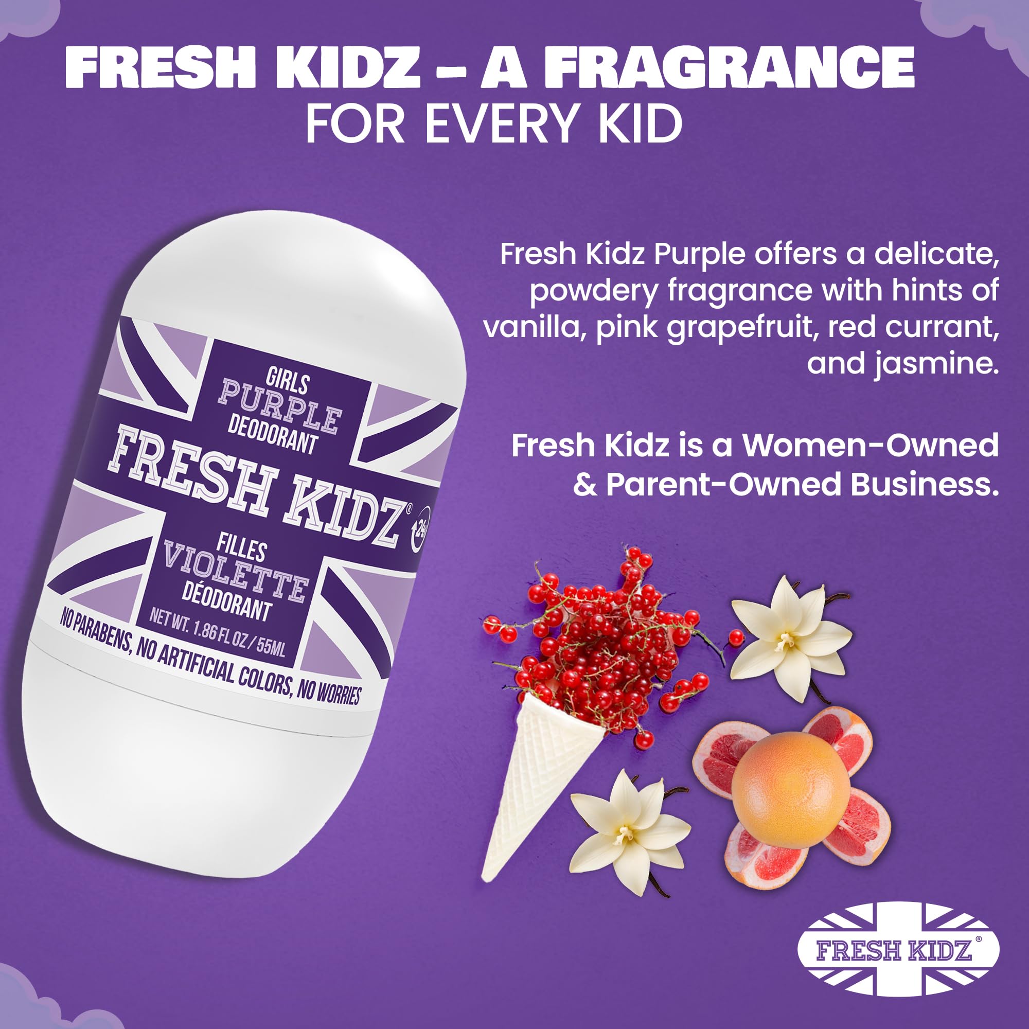 Fresh Kidz Purple roll-on bottle in hand suggests portable protection.