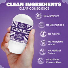 Fresh Kidz Purple roll-on fragrance notes vanilla and pink grapefruit for daily freshness.