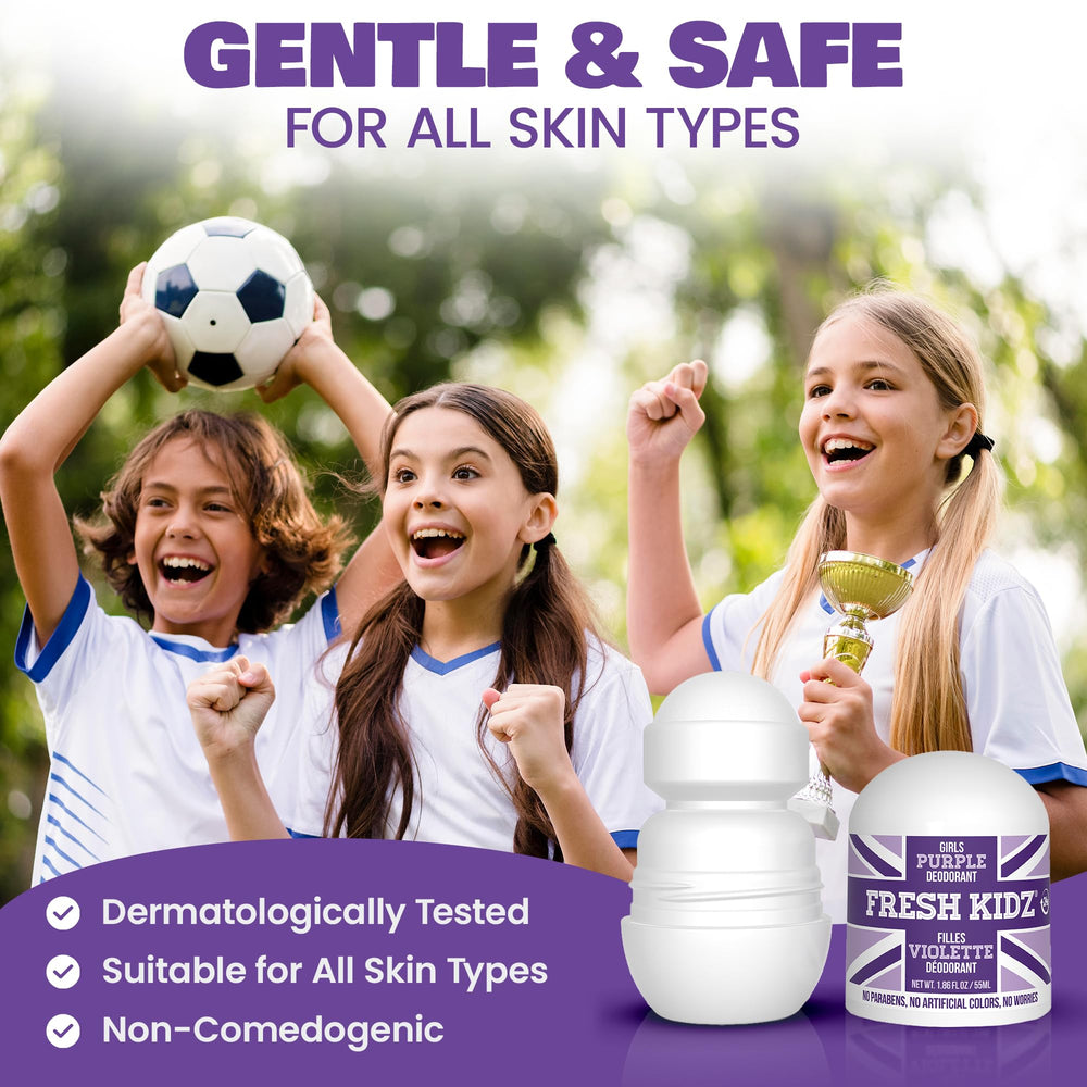 Fresh Kidz Purple roll-on label detail highlights aluminum-free formula.