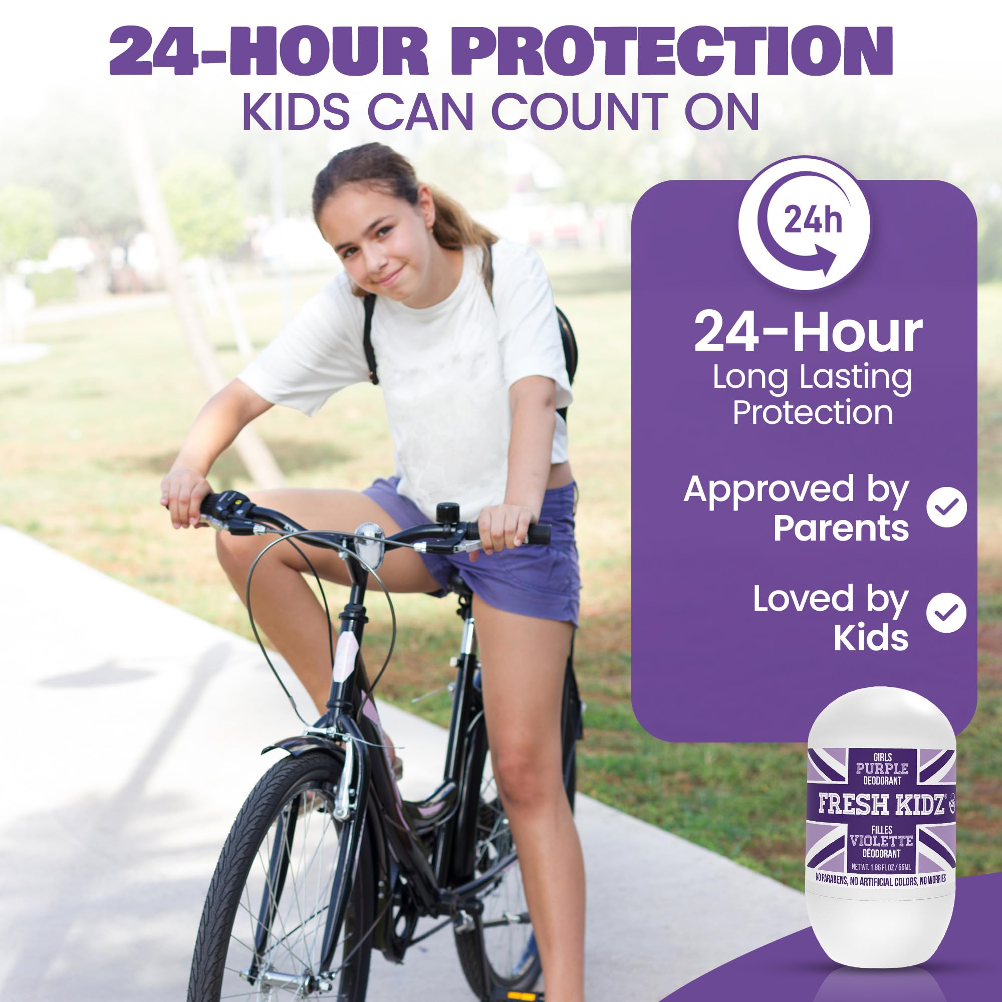 Fresh Kidz Purple roll-on USA-made badge signals trusted manufacturing.