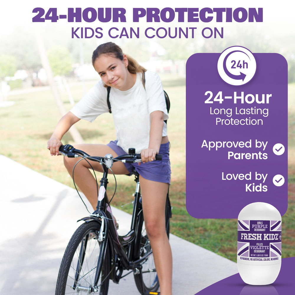 Fresh Kidz Purple roll-on USA-made badge signals trusted manufacturing.