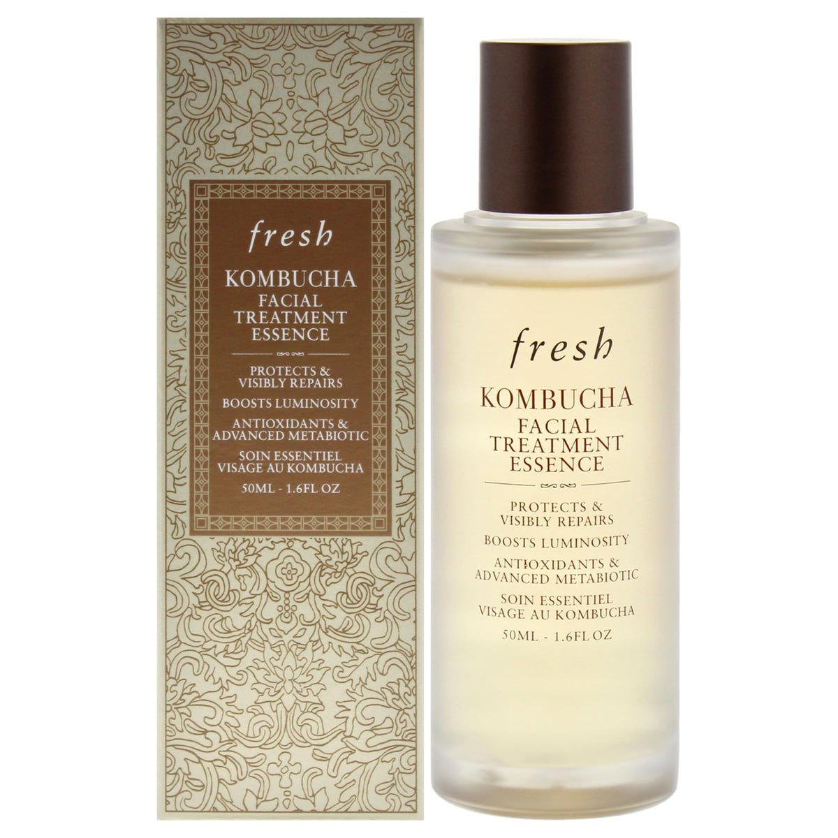Fresh Kombucha Facial Treatment Essence bottle on vanity for daily hydration.