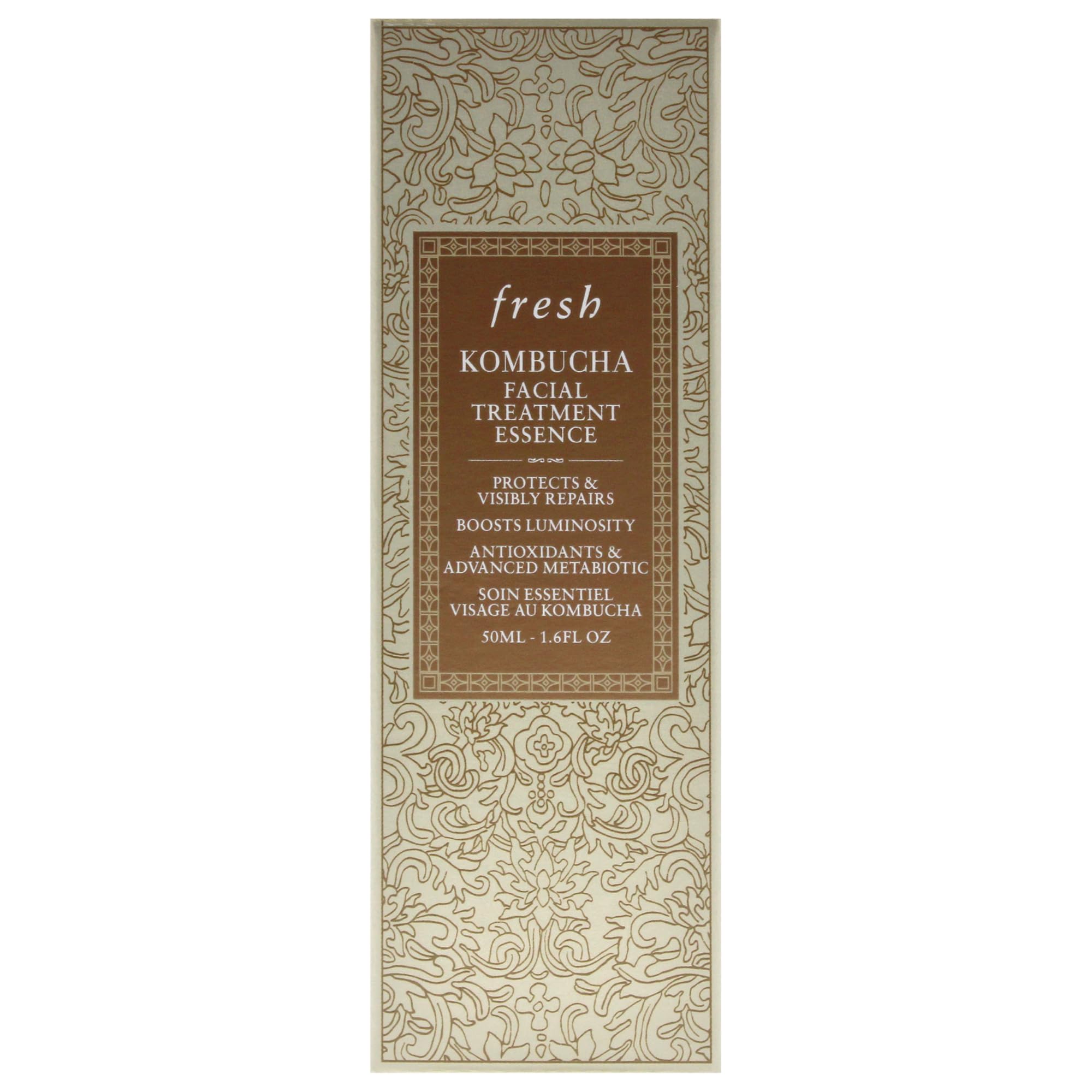 Fresh Kombucha Facial Treatment Essence ingredients like kombucha and hyaluronic acid promoting hydration.