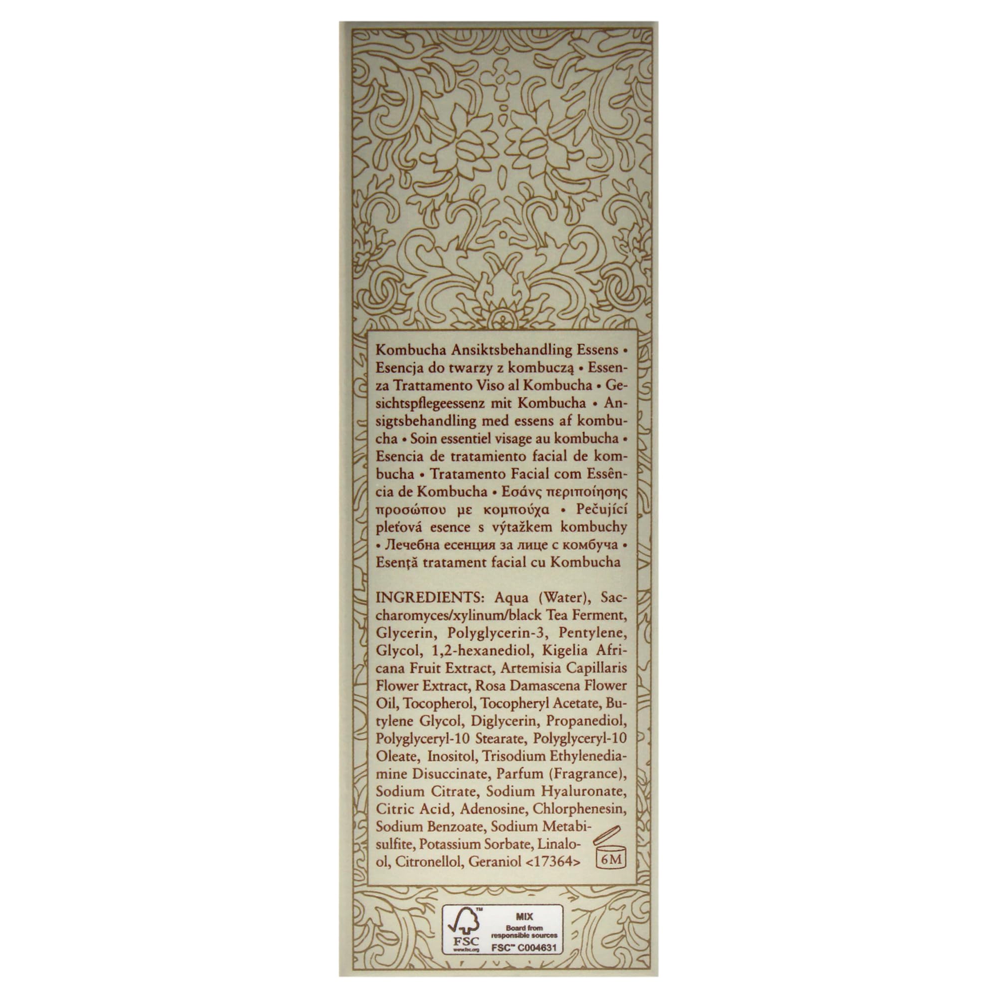 Fresh Kombucha Facial Treatment Essence matte label on box with clean design for premium care.