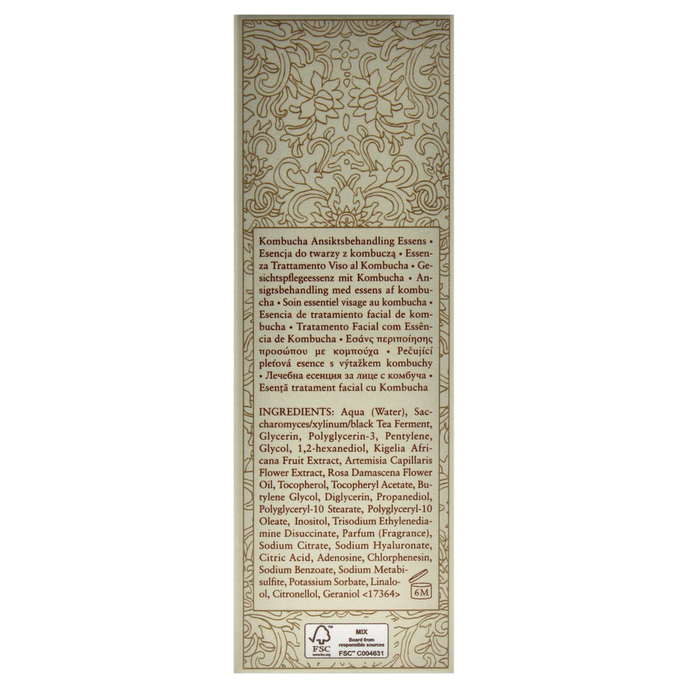 Fresh Kombucha Facial Treatment Essence matte label on box with clean design for premium care.