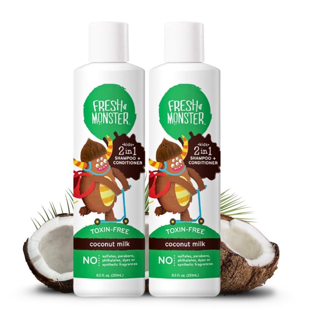 Fresh Monster 2-in-1 kids shampoo bottle; simplifies bath time with all-in-one care.