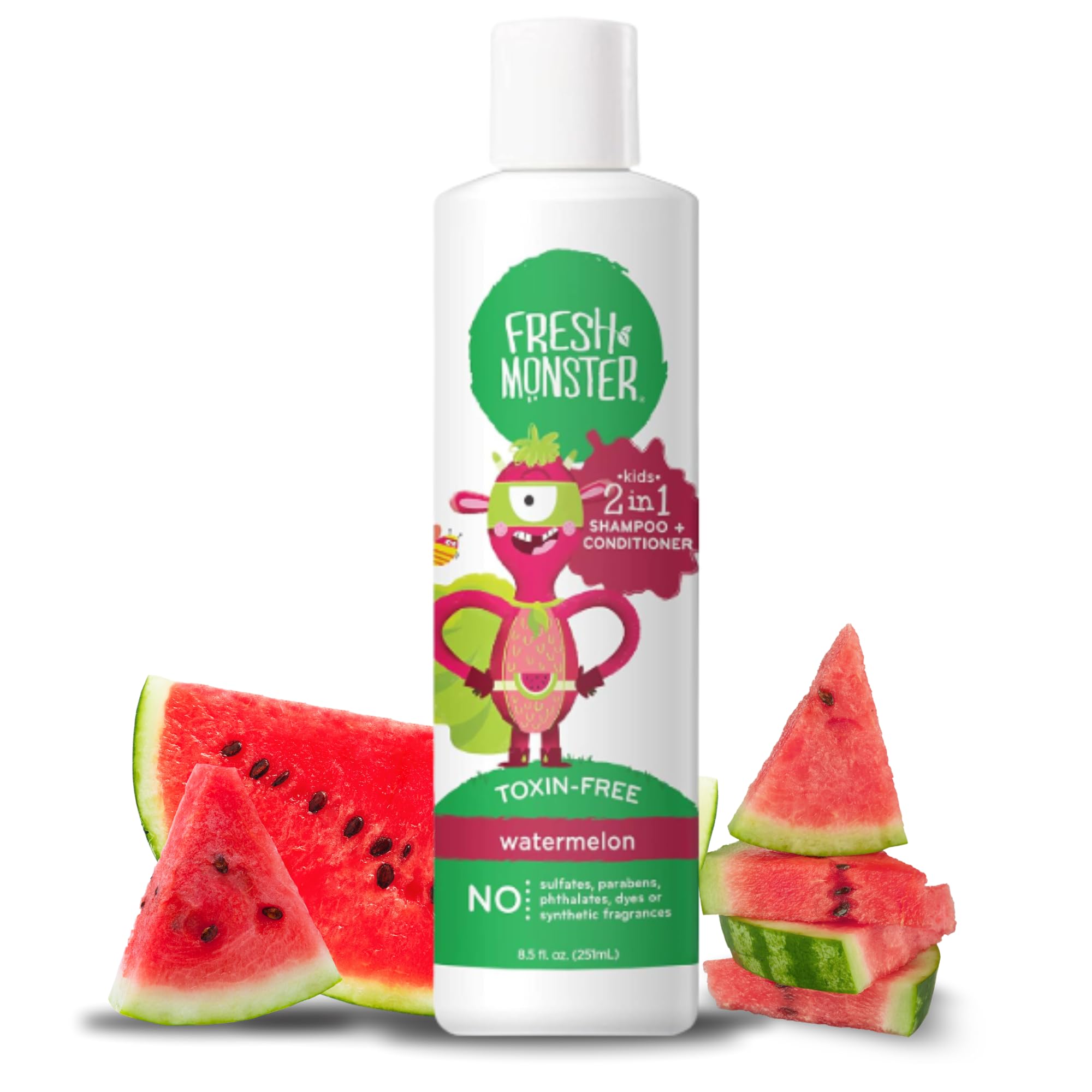 Fresh Monster bottle-watermelon-hero shows kid-friendly design and tear-free cleansing.
