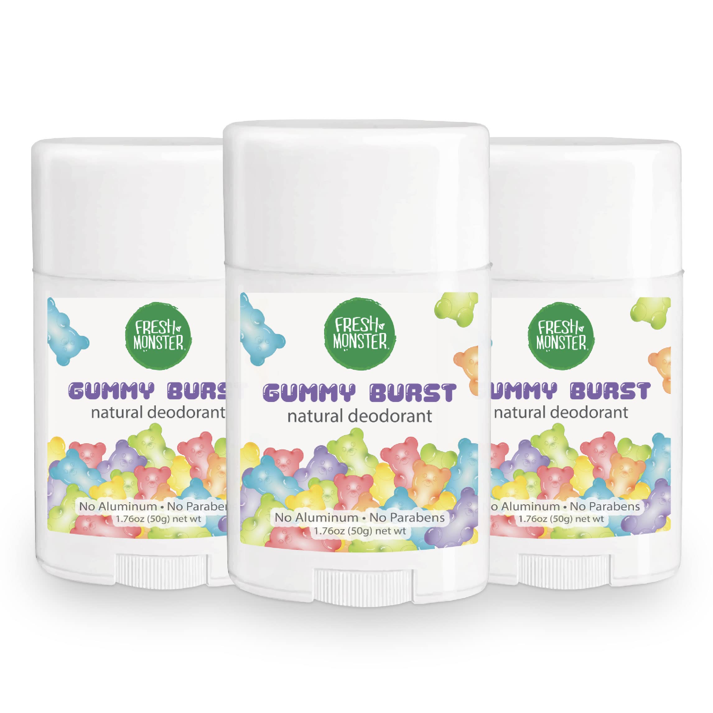 Fresh Monster deodorant bottle with Gummy Burst scent for kids providing all-day freshness.