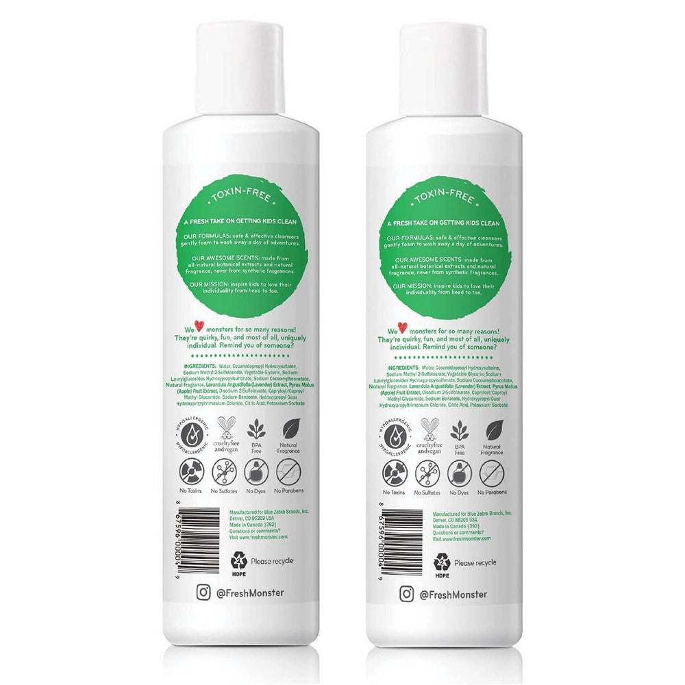 Fresh Monster tear-free kids shampoo bottle; gentle wash helps avoid tears during baths.