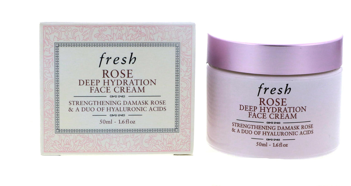 Fresh Rose Deep Hydration Cream bottle shows lightweight moisture for daily glow