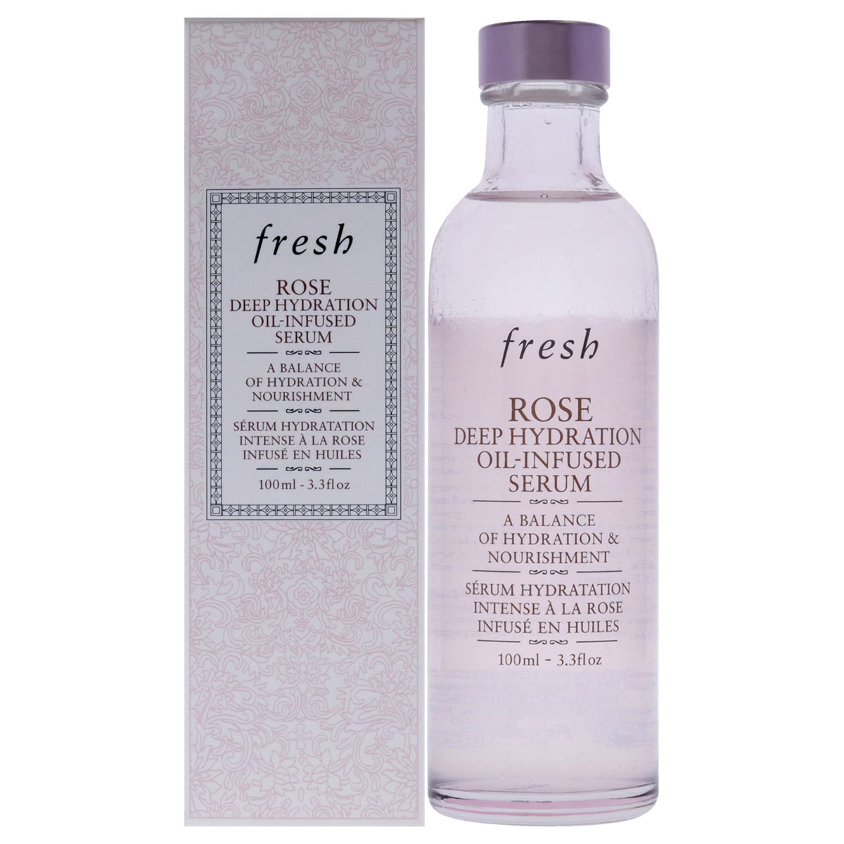 Fresh Rose Deep Hydration Serum bottle showcases 24-hour moisture and dewy glow