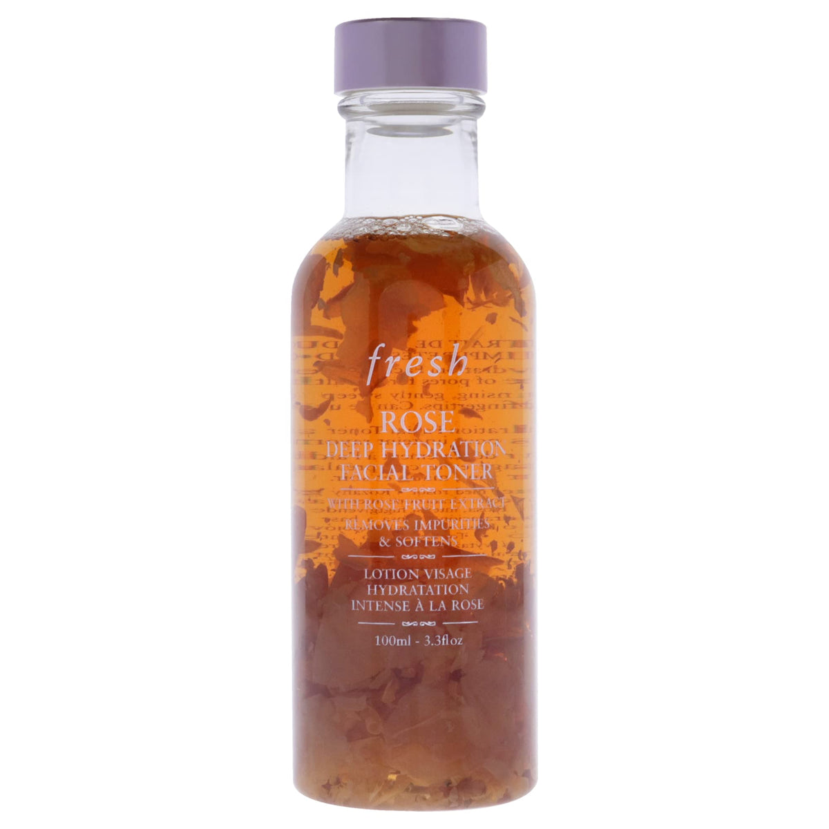 Fresh Rose Deep Hydration Toner bottle with real rose petals for refreshed skin and smoother pores.