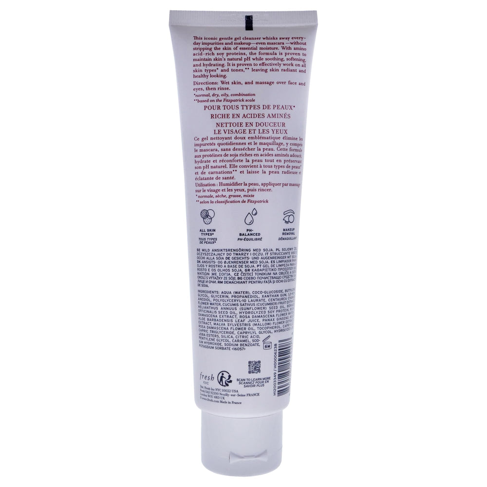 Fresh Soy Face Cleanser label closeup highlights soy proteins and soothing botanicals for balanced skin.