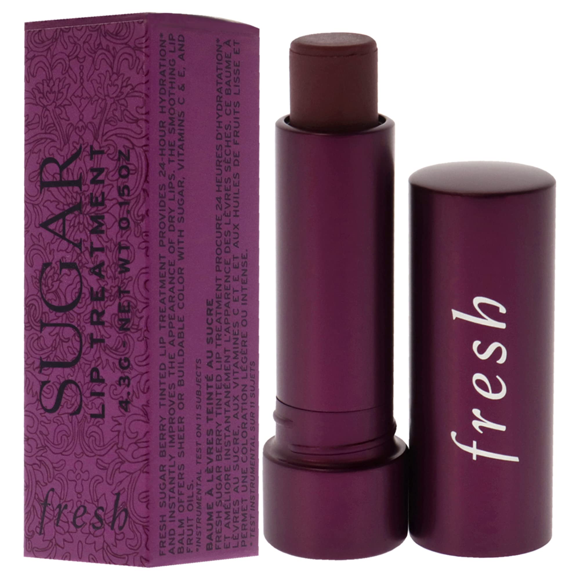 Fresh Sugar Lip Treatment Berry swatches on lips illustrate sheer buildable color