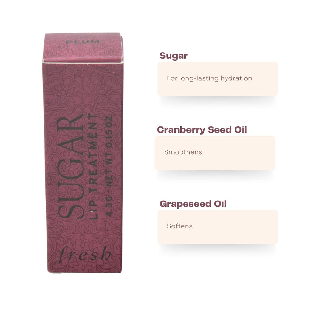 Fresh Sugar Lip Treatment Plum texture application highlights creamy formula for comfortable wear.