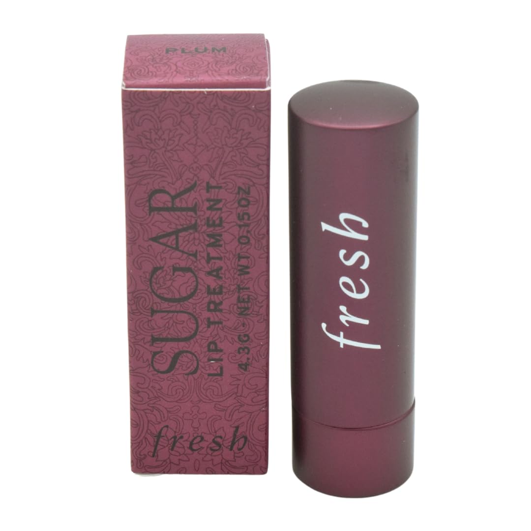 Fresh Sugar Lip Treatment Plum tube closeup shows smooth, hydrating tint for daily wear.