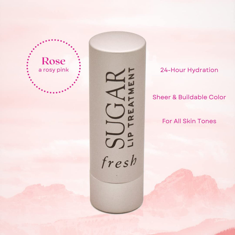 Fresh Sugar Lip Treatment Rose tube close-up shows sheer-to-buildable color.