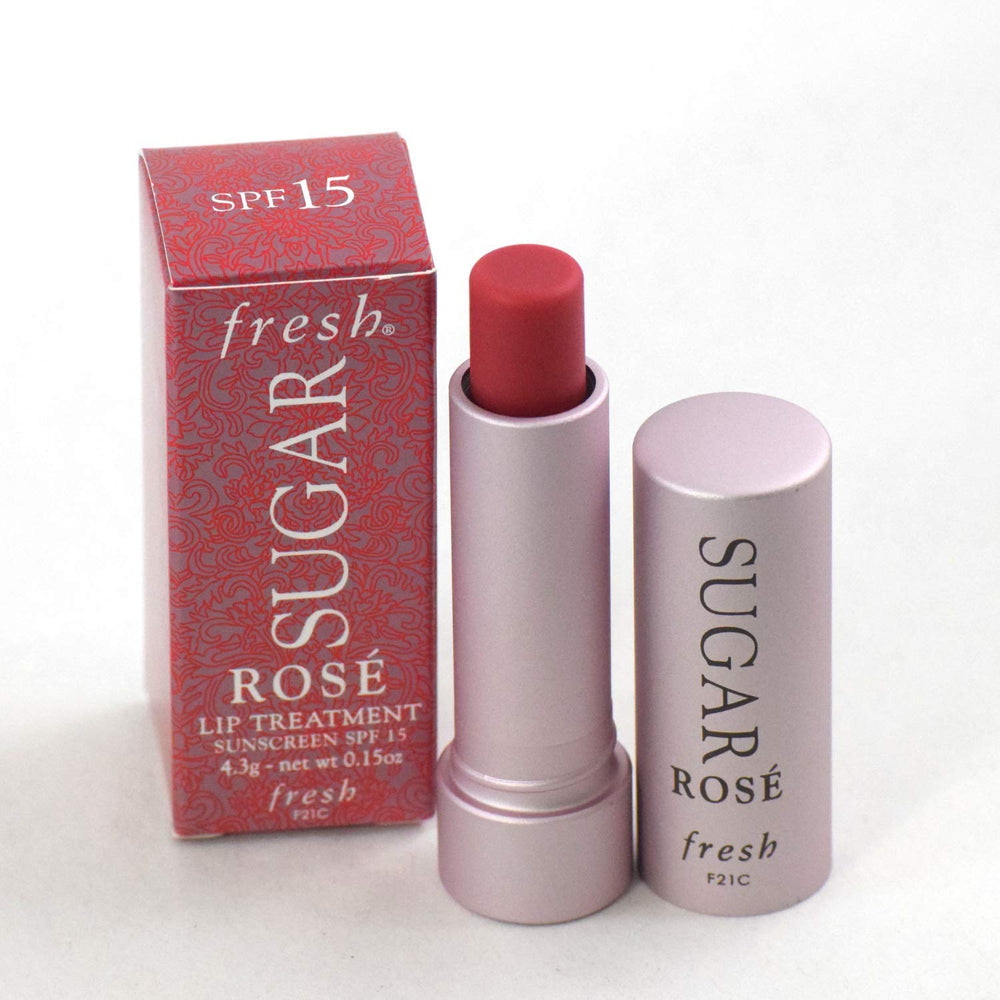 Fresh Sugar Lip Treatment SPF 15 Rose packaging shot emphasizes on-the-go lip care with SPF.
