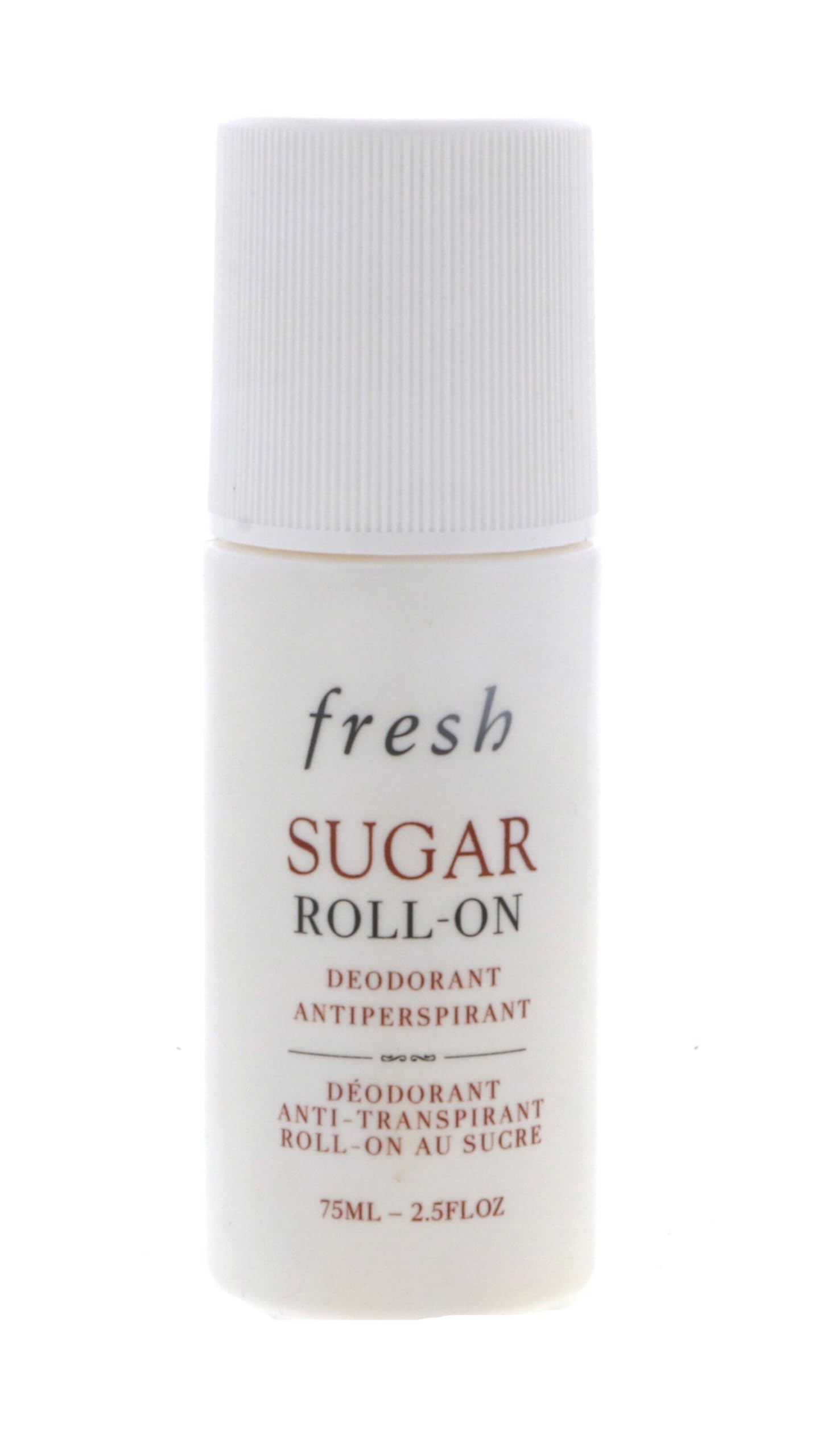 Fresh Sugar Roll-On Deodorant packaging shows the 75ml bottle and key benefits.