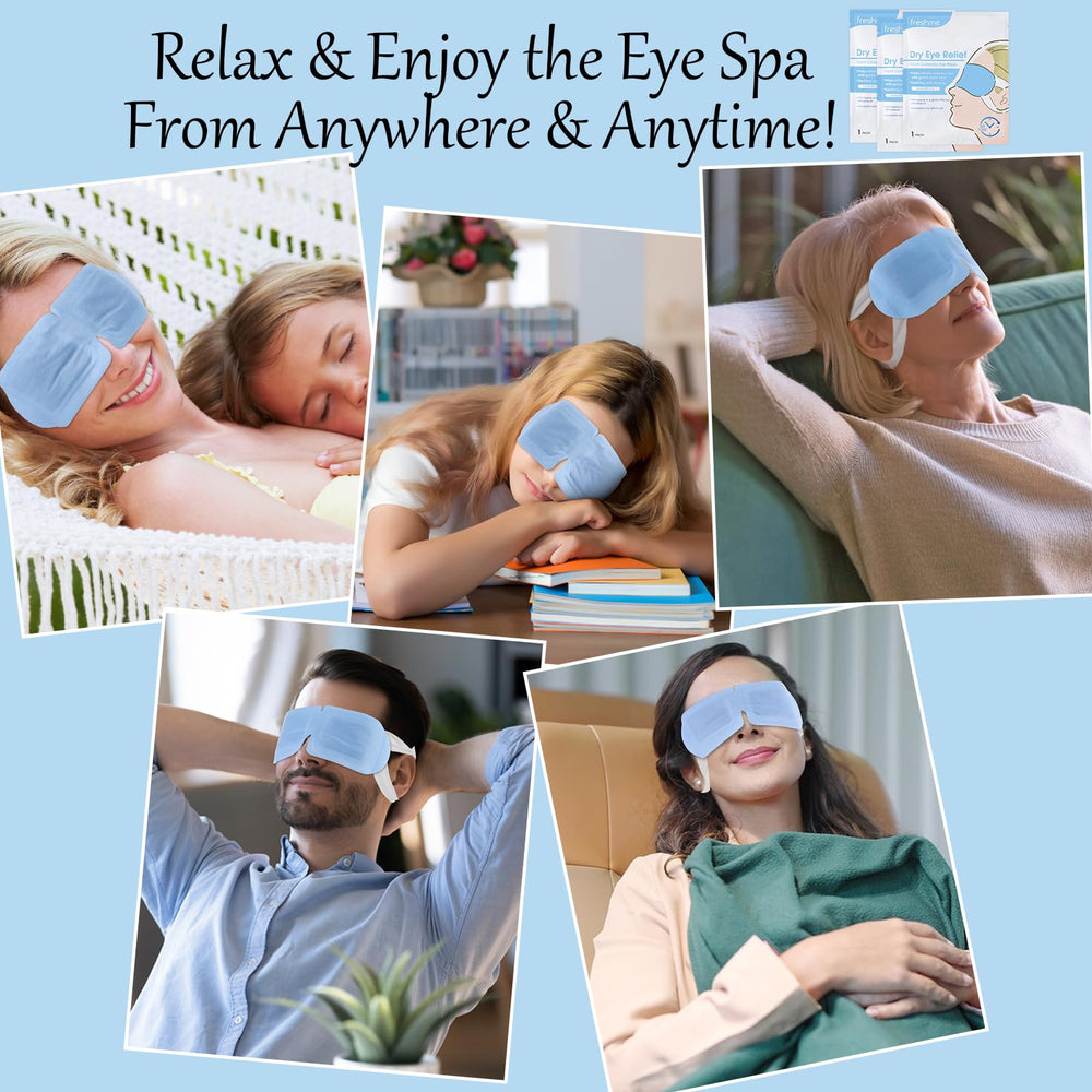 FRESHME relaxing eye mask on eyelids conveys calm before bed.