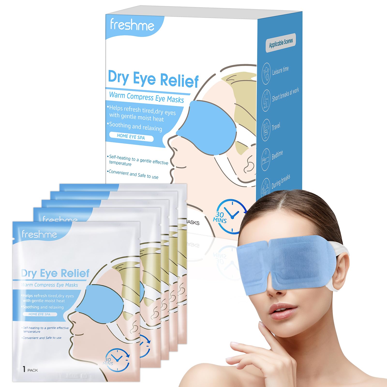 FRESHME warm-compress eye mask pack open for quick, soothing relief from eye fatigue.