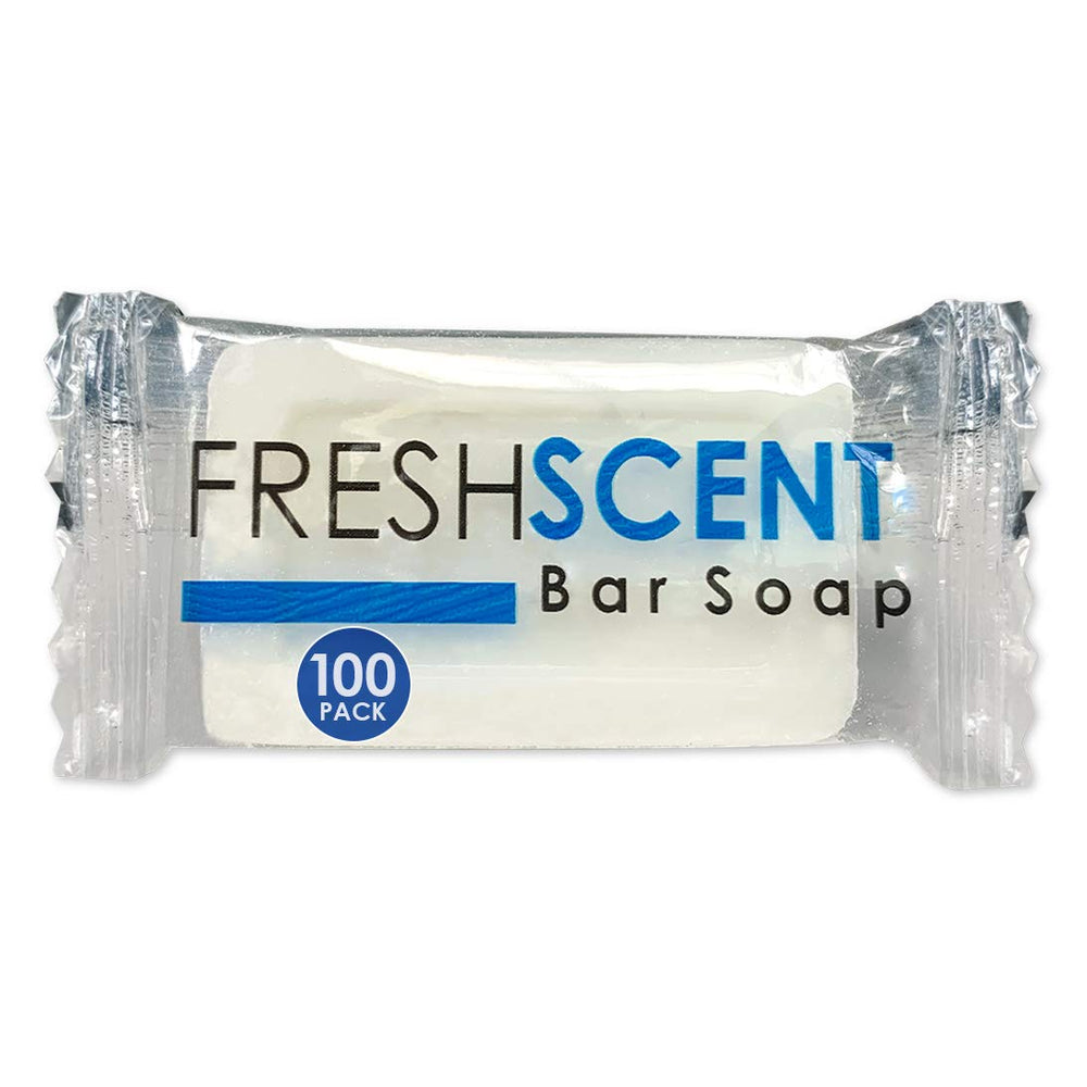 Freshscent 0.5 oz bar soap bulk packaging shows 100 bars for easy restocking.